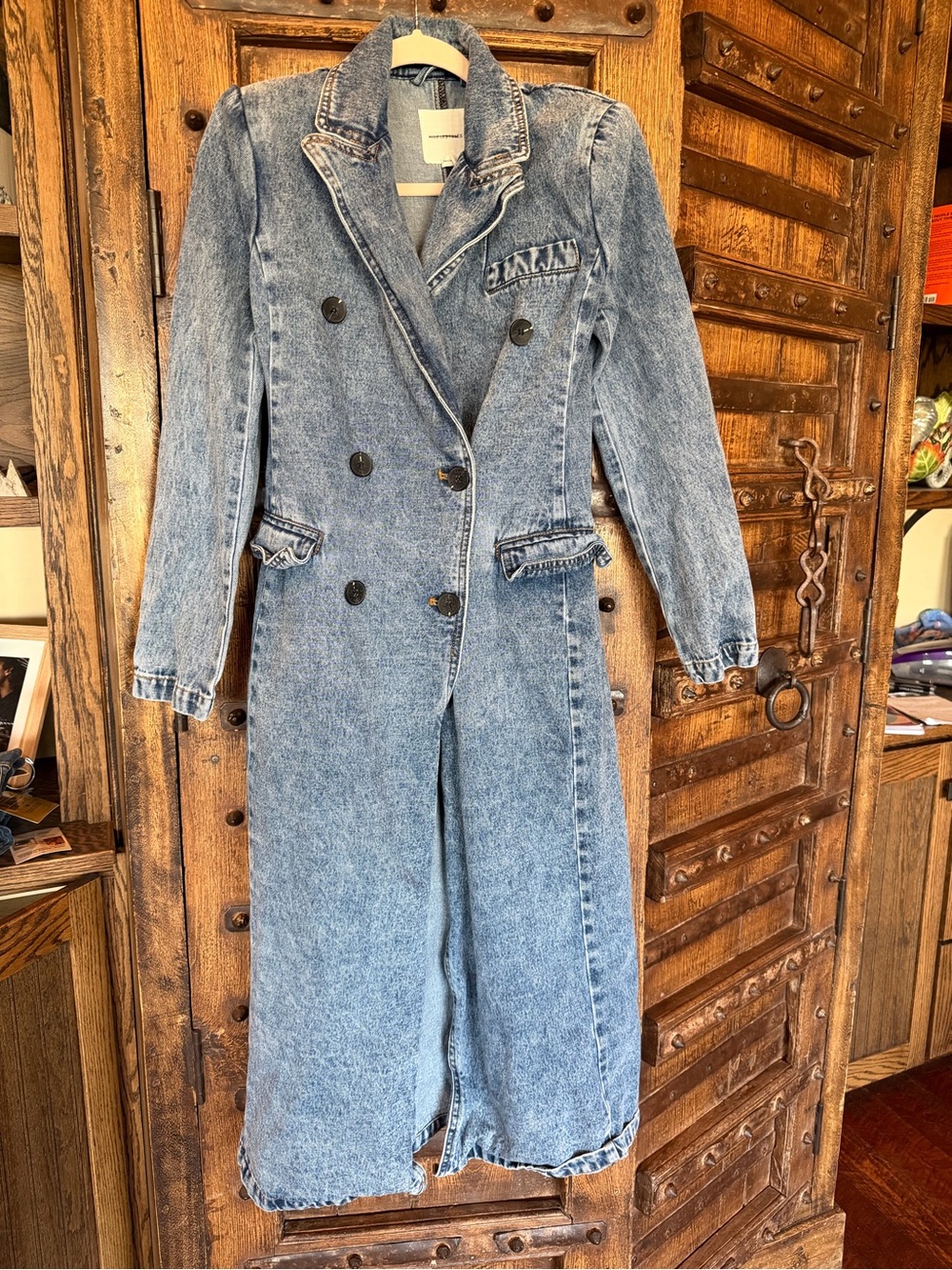 Avec Les Filles Washed Denim Double-Breasted Trench Coat